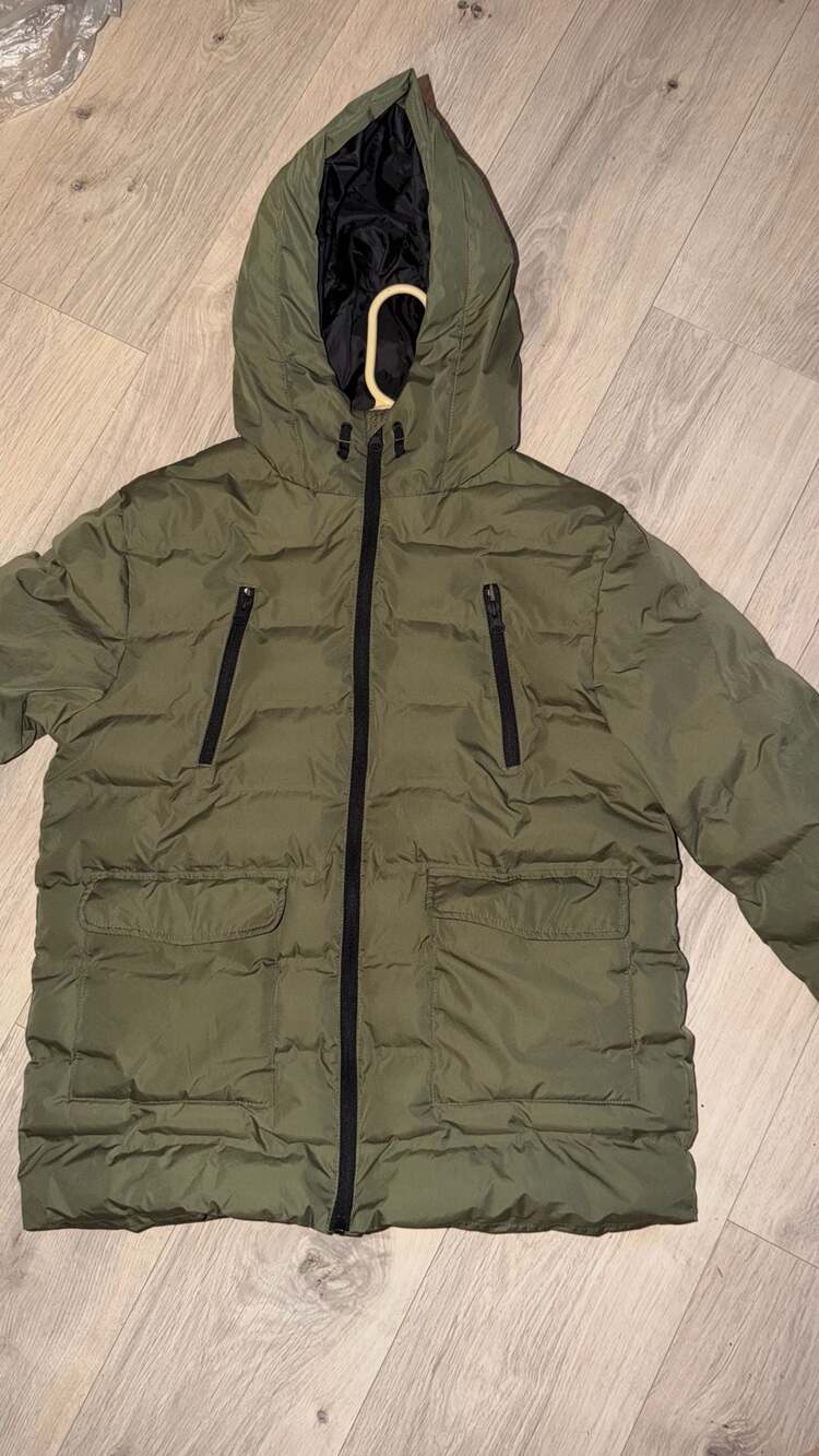 Mango Boys Pocket Quilted Hooded Puffer Jacket in Khaki Green